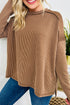 Corded Rib Exposed Seam Drop Shoulder Curved Hem Long Sleeve Top